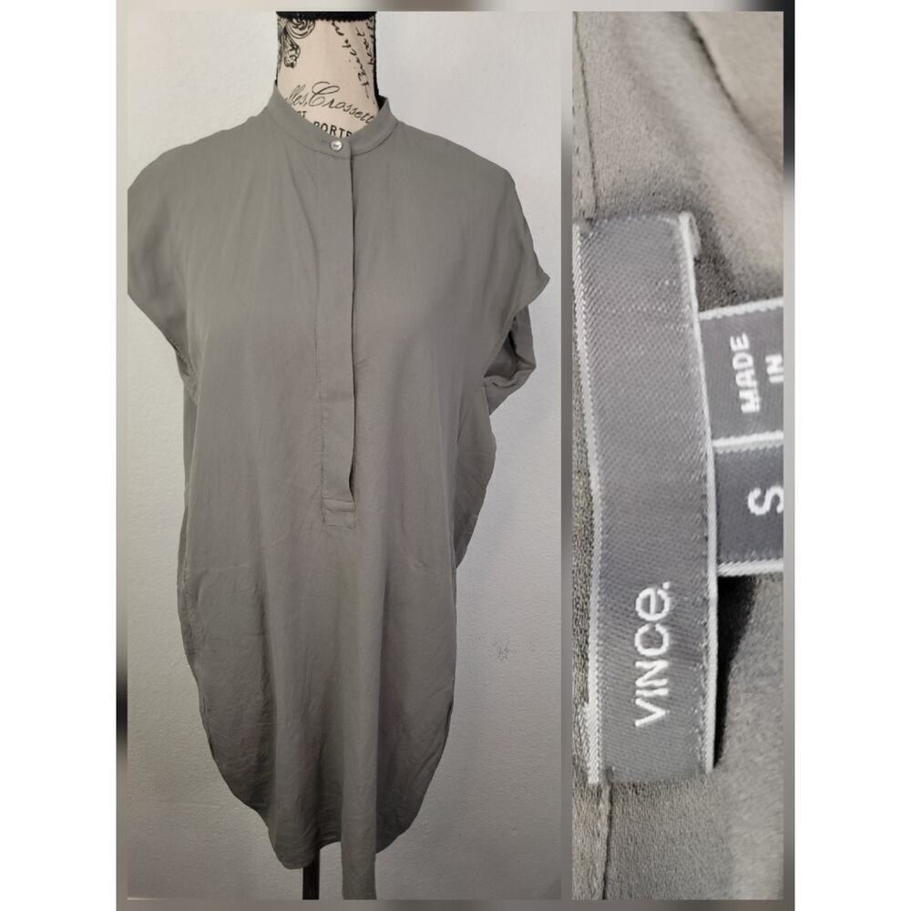 Vince. 100% Silk Mini Dress SZ Small Popover Pockets Gray Minimal Office Siren